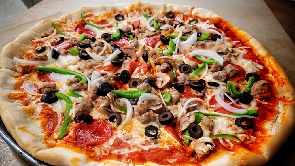 The Supreme · Hand tossed Dough with Roasted Pomodoro, Mozzarella, Pepperoni, Italian Sausage, Mushrooms, Onions, Green Pepper, and Black Olives.