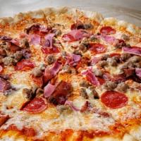 The Carnivore · Hand tossed dough with Pomodoro, Mozzarella cheese, Pepperoni, Sausage, Bacon, Ham, and Frie...