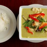 Green Curry · Traditional green curry paste with coconut milk, come with bamboo shoot, eggplant, bell pepp...