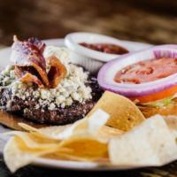 Blue Bull Burger · Topped with gorgonzola cheese and hickory smoked bacon. Served with lettuce, tomato, and oni...