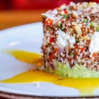 El Cuzco · Avocado mashed quinoa mix with mango, cucumber, red onion, feta cheese, red pepper and passi...