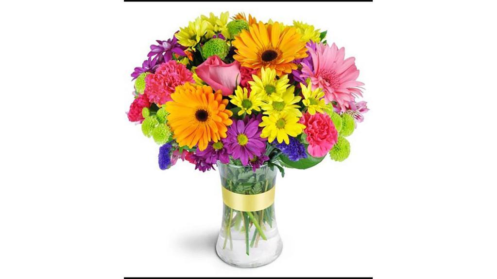 Radiant Rainbow™ · It looks like there’s a pot of gold at the end of this rainbow! Wonderfully bright hues are sure to provide the perfect pick-me-up.

Daisies, alstroemeria, carnations, and more represent every shade of the rainbow in this delightful bouquet.

Approximately 12