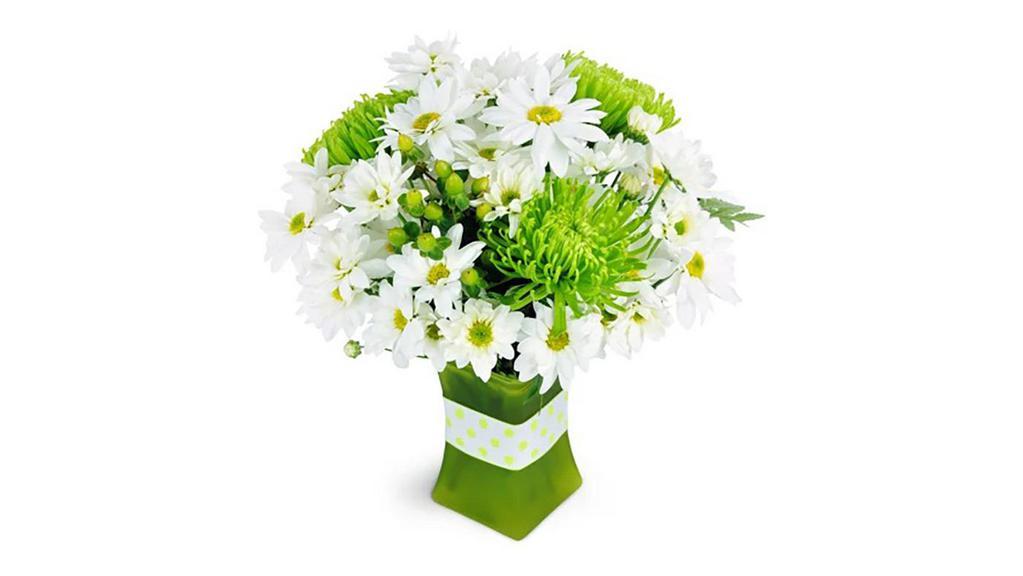 Sublime Lime™ · Très chic! This petite green and white arrangement is understated and oh-so-elegant!

Exotic green Fuji mums and delightful white daisies are a perfect mix! 

Approximately 9