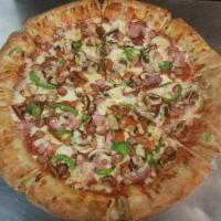Basils Supreme Pizza · Pepperoni, Sausage, Ham, Mushrooms, Green Peppers & Extra Cheese