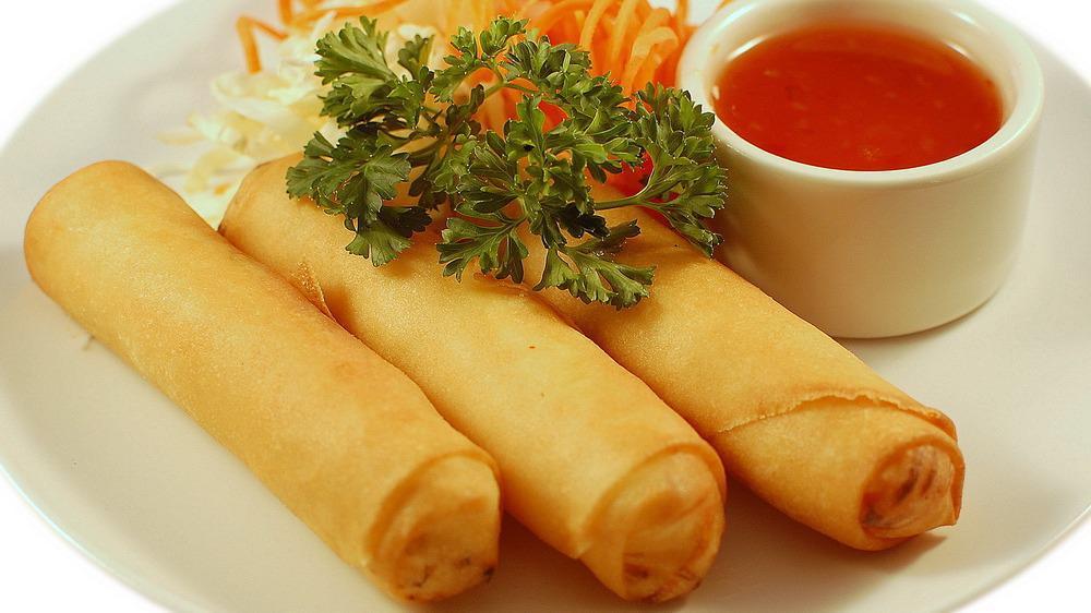Veggies Spring Rolls · Cellophane noodle, carrots, cabbage, onions, mushroom, sweet-sour sauce.