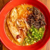 Spicy Chicken Ramen  · chicken broth: chicken chashu, kikurage, spicy bean sprouts and green onion » served with th...