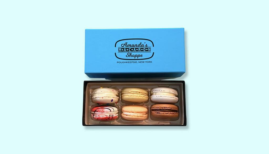 Box Of 6 Of French Macarons - Seasonal Favorites · Six of our currently most popular flavors this season. Birthday Cake, Coconut Passionfruit, Italian Rainbow Cookie, Salted Caramel, Chocolate, and Vanilla.
