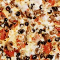 House Pizza · Pepperoni, sausage, mushrooms, black olives, mozzarella cheese, and pizza sauce.