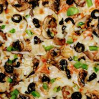Veggie Pizza · Mushroom, black olives, green peppers, onions, mozzarella cheese, and pizza sauce.