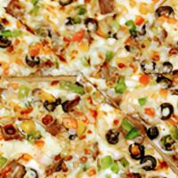 Greek Pizza · Gyro sauce, gyro meat, feta cheese, red onions, green peppers, black olives, and extra cheese.