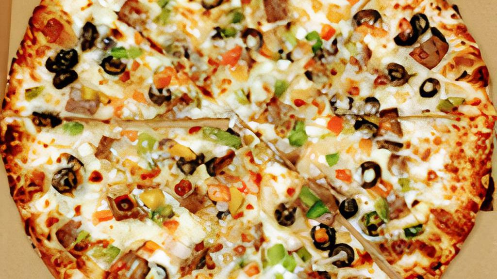 Greek Pizza · Gyro sauce, gyro meat, feta cheese, red onions, green peppers, black olives, and extra cheese.