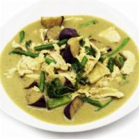 Green Curry · Served in 32 oz Container. Spicy. Green chilies coconut curry sauce, eggplants, string beans...
