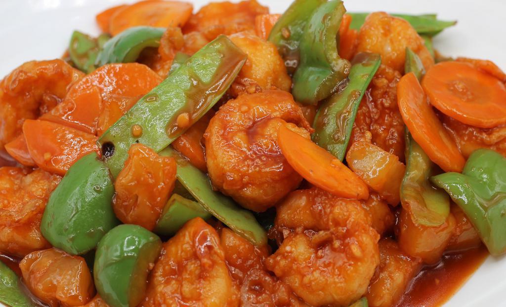 Hawaiian Shrimp · Served in 32 oz Container with 20 pieces of Shrimp. Sweet soy & Sour sauce, crispy Shrimp, pineapples, carrots, snow peas, green bell peppers.