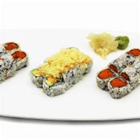 The Big Three Spicy Rolls · Total 24 pc. Spicy salmon roll (8 pc.), spicy tuna roll (8 pc.), spicy crunchy California ro...