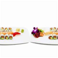 Sushi For 2 · Total 32 pc., served w. sushi rice. 8 pc. nigiri (4 salmon, 2 tuna, 2 ebi shrimp), 8 pc. sas...