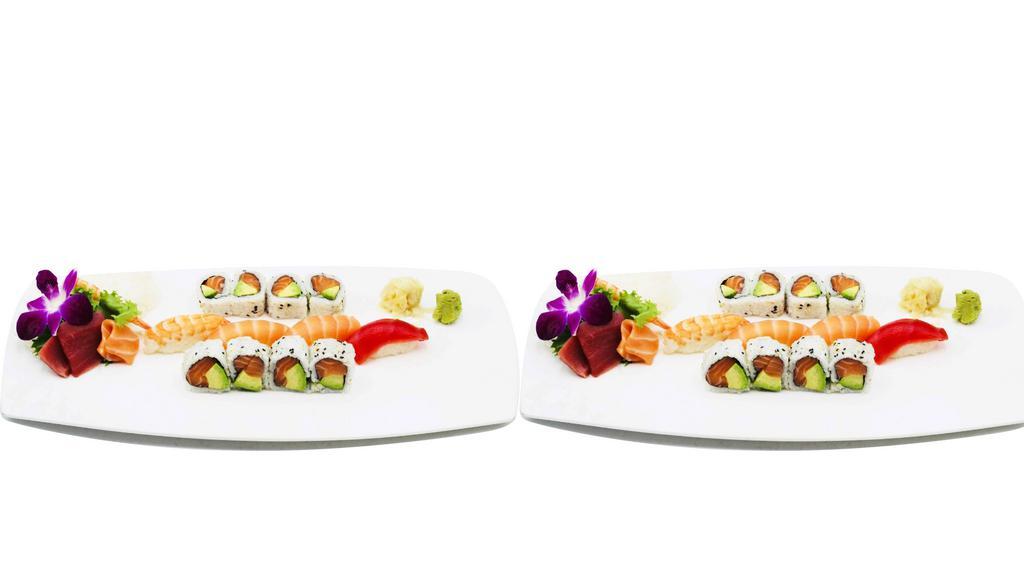 Sushi For 2 · Total 32 pc., served w. sushi rice. 8 pc. nigiri (4 salmon, 2 tuna, 2 ebi shrimp), 8 pc. sashimi (4 salmon, 2 tuna, 2 ebi shrimp). & choose 2 sushi rolls (salmon & avocado, spicy tuna, spicy salmon, or California)