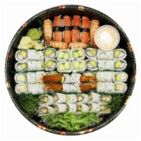 All-Cooked Sushi Tray · 64 pc. assorted cooked sushi rolls. California roll (16 pc), shrimp tempura roll (16 pc), cr...