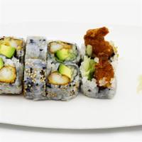 Shrimp Tempura Roll (8Pc.) · Cut in 8 pc. Shrimp tempura, avocado, cucumber, rolled. Served w. ginger & wasabi.