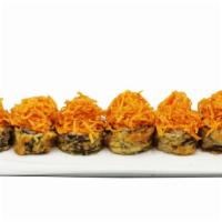 Mighty Volcano Roll (8Pc.) · Cut in 8 pc. Inside: Crabsticks, cream cheese, avocado. Tempura battered. Topped: W. baked s...