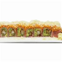 Angry Bird Roll [Popular]  (8Pc.) · Cut in 8 pc. Inside: Shrimp tempura, avocado rolled W. soy paper. Topped: W. spicy crab mix,...