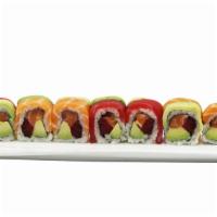 Samurai Roll (8Pc.) · Cut in 8 pc. Inside: Salmon, tuna, avocado. Topped: W. salmon, tuna, avocado. Served W. spic...