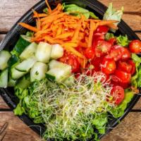 Bean Bag Garden Salad · Vegan, gluten free with green leaf lettuce, carrots, cucumber, grape tomatoes.