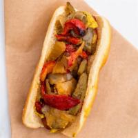 Sausage Dog · Spicy mustard, grilled peppers and onions.
