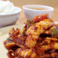 오징어볶음 /Stir Fried Spicy Squid · Served with stir fried squid with spicy sauce with rice