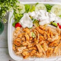 Ny Chicken Platter · Over basmati rice, with side salad and white sauce.