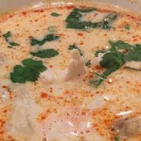 Tom Ka · Spicy. Coconut lemongrass soup with mushroom and galangal.