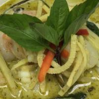 Green Curry · Spicy. Traditional-style green curry sauce with bamboo shoots, eggplant, green bean, and bas...