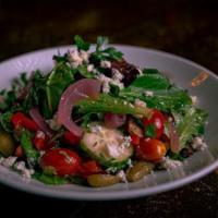 Black Friar Salad · Mixed greens, cherry tomatoes, olives, sweet peppers, pickled red onion, English cucumber, b...