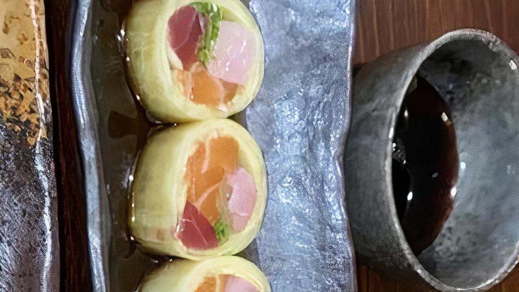 Naruto Roll · Salmon, tuna, yellowtail, kaiware, and cucumber sheet.