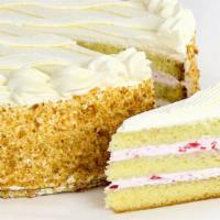 Strawberry Shortcake Cake Slice · Vanilla sponge cakes with strawberry whipped topping and fresh strawberries.   Enjoy!