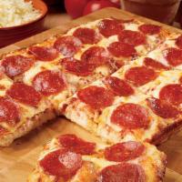 Deep Dish Square Lg · House made pizza dough, perfectly seasoned pizza sauce, topped with mozzarella cheese and yo...