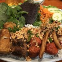Bún Nha Trang Đặc Biet · Nha trang special vermicelli platter with BBQ pork sausage, grilled shrimps, grilled minced ...
