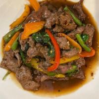Ka Prow · Sautéed meat with basil, garlic, and bell peppers. Served with jasmine rice. (Spice level: h...
