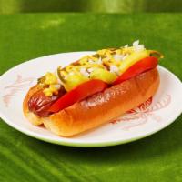 Chicago Style Hot Dog · Hot dog with yellow mustard, chopped white onions, sweet relish, a dill pickle spear, and to...