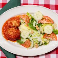 Sunday Salad · Mixed lettuce, tomatoes, onion, cucumber, garbanzo beans, pepperoncini, two beef meatballs