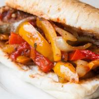 Sausage & Peppers Hero · Italian roll, sweet italian grilled sausage, house vinegar peppers, mozzarella, baked and se...
