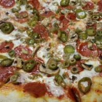 18” D Pizza · Mozzarella, pepperoni, mushrooms, jalapeños, tomato sauce
