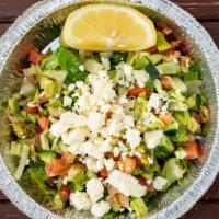 Greek Salad · Fresh dices of tomatoes, cucumbers, mint, oregano. Organic olive oil, hint of fresh lemon ju...