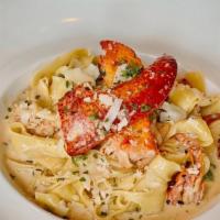 Rosemary Lobster  · With Pancetta, Tomato and Asparagus in a Garlicky Cream Sauce over Pappardelle Pasta