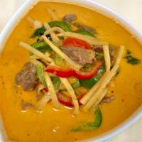 Gang Dang · Red curry and coconut milk with bamboo shoots, bell peppers, onions, lime leaves, and basil ...