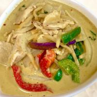 Gang Kiew Wan · Green curry and coconut milk with eggplant, bell peppers, onions, bamboo shoots, lime leaves...