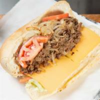 Original Cheesesteak Sub · Steak with grilled onions, lettuce, tomatoes, mayo and hot peppers with choice of American o...