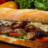 Picanha Sandwich · Toasted baguette bread, fresh mozzarella cheese, tomatoes and lettuce + 5oz of sliced Picanh...