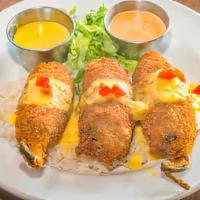 Shrimp Toritos · Three pieces of breaded jalapeño peppers stuffed with shrimp and jack cheese with a sweet ma...