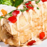 Marisco Stuffed Filet · Beer battered fish filet, stuffed with shrimp, and octopus, topped with aioli sauce and serv...