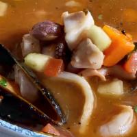Marisco Mix Soup · Traditional soup with shrimp, fish, octopus, clam, and squid cooked to order with potato, ci...